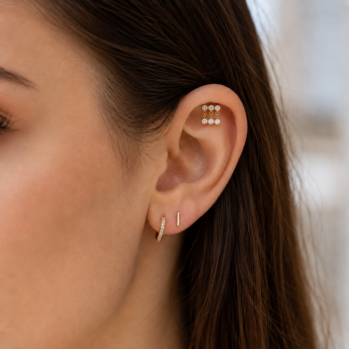 G23 Titanium Triple CZ Chain Drop Threadless Flatback Stud