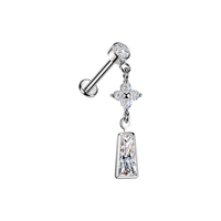 316L Surgical Steel Round CZ Floral Cluster & Baguette Dangle Threadless Flatback Stud