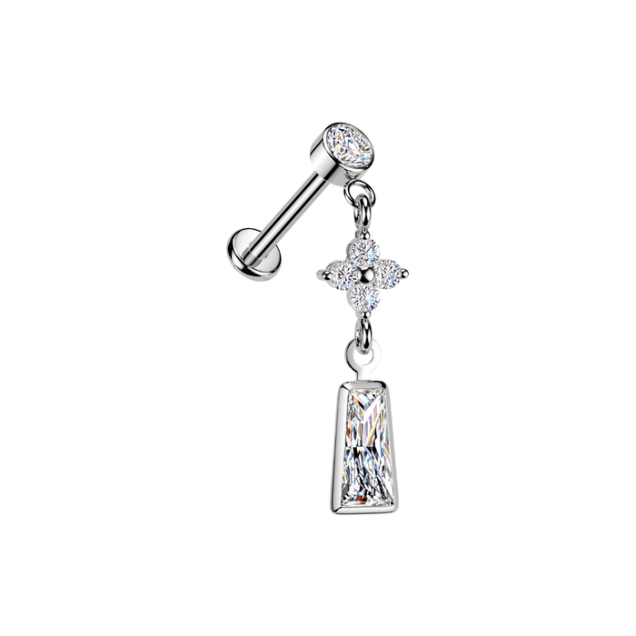 316L Surgical Steel Round CZ Floral Cluster & Baguette Dangle Threadless Flatback Stud