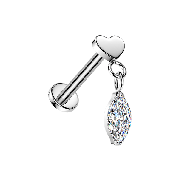 G23 Titanium Heart & Marquise CZ Dangle Threadless Flatback Stud