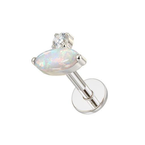 Oval opal and CZ body jewelry stud in silver with flatback design