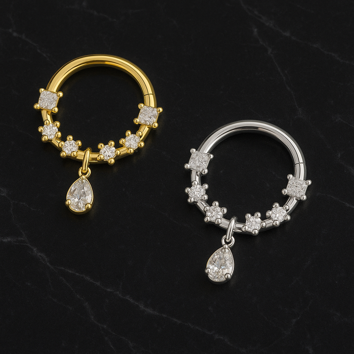 316L Surgical Steel CZ Jewelled and Pear Drop Dangle Hinged Segment Clicker - Monster Piercing
