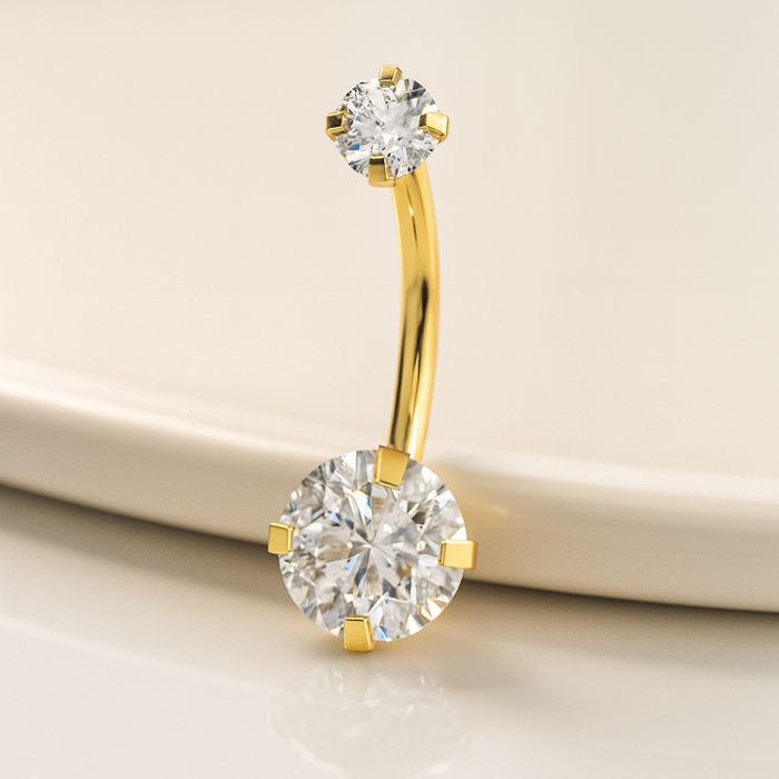 316L Surgical Steel Gold Anodised Double CZ Jewelled Prong-Set Belly Ring