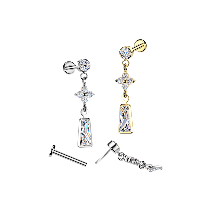 316L Surgical Steel Round CZ Floral Cluster & Baguette Dangle Threadless Flatback Stud