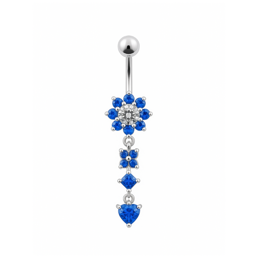 925 Sterling Silver Flower Jewelled Dangling 316L SS Curved Belly Ring - Monster Piercing