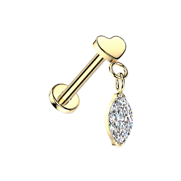 G23 Titanium Heart & Marquise CZ Dangle Threadless Flatback Stud
