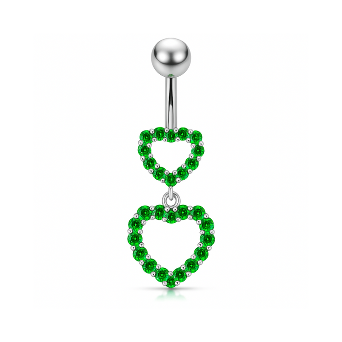 925 Sterling Silver Double Heart Dangling Belly Ring - Monster Piercing