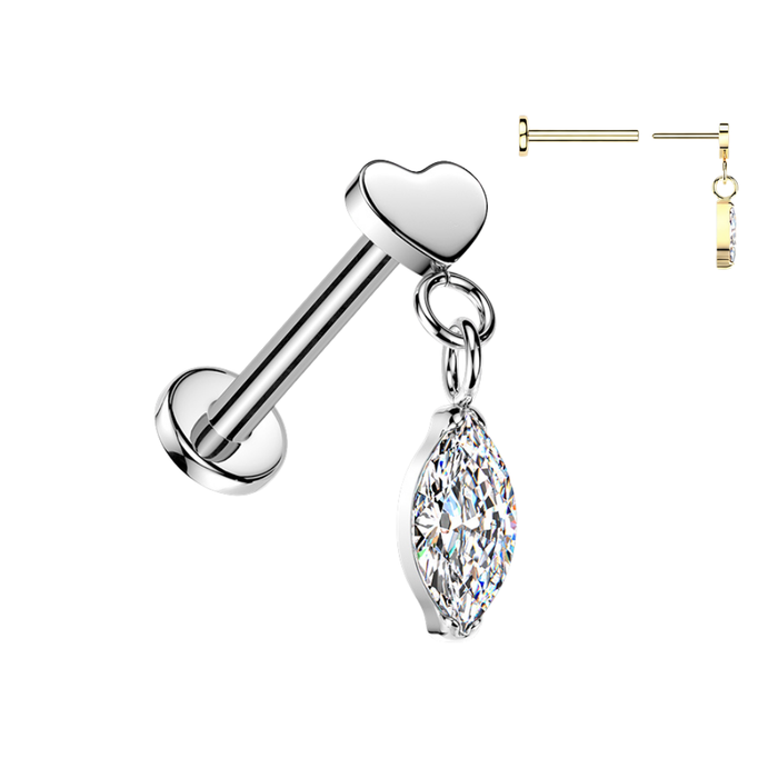 G23 Titanium Heart & Marquise CZ Dangle Threadless Flatback Stud