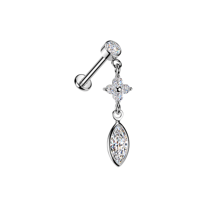 316L Surgical Steel Round CZ Clover & Marquise Dangle Threadless Flatback Stud