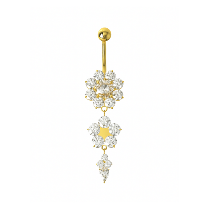 925 Sterling Silver Double Flower Silver Dangling SS Curved Bar Belly Ring - Monster Piercing