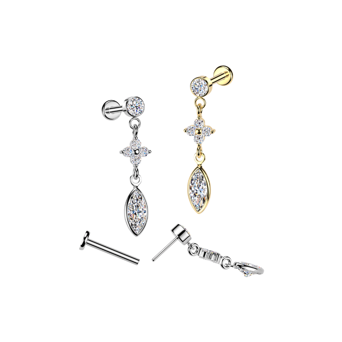 316L Surgical Steel Round CZ Clover & Marquise Dangle Threadless Flatback Stud