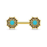 316L Surgical Steel Flower Jewelled Turquoise Bead Nipple Bar United Kingdom
