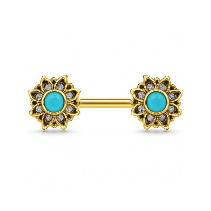 316L Surgical Steel Flower Jewelled Turquoise Bead Nipple Bar