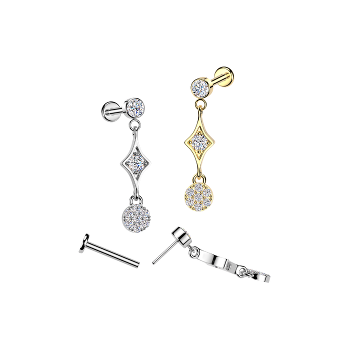 316L Surgical Steel Round CZ Diamond Frame & Cluster Dangle Threadless Flatback Stud