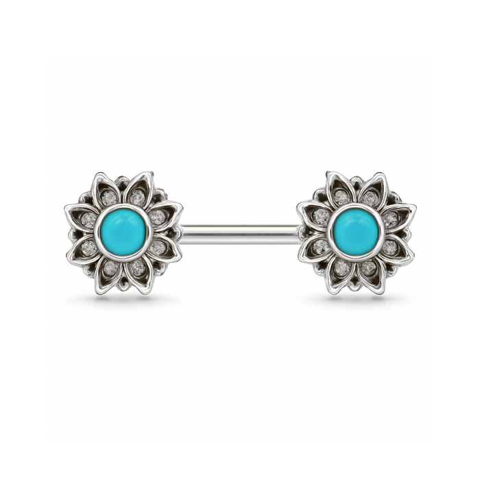 316L Surgical Steel Flower Jewelled Turquoise Bead Nipple Bar