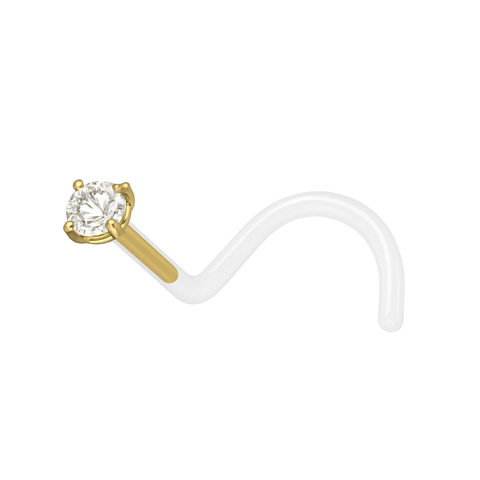 14K Gold Head Bio-Plast Nose Screw with CZ Stone - Monster Piercing