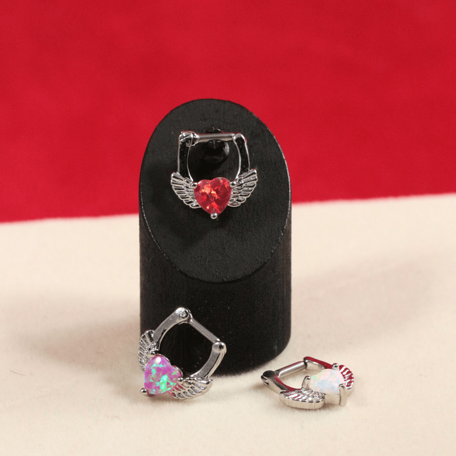 316L Surgical Steel Synthetic Red Opal Heart Septum Clicker Ring