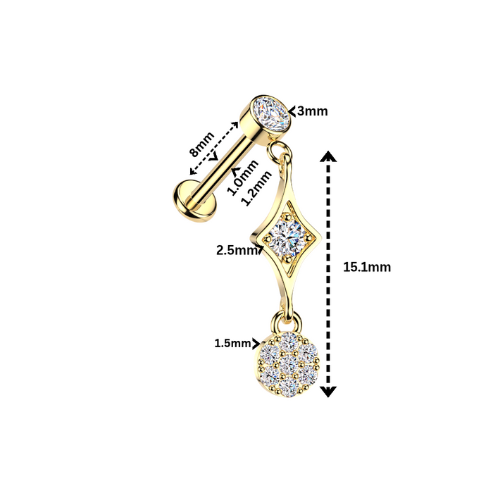 316L Surgical Steel Round CZ Diamond Frame & Cluster Dangle Threadless Flatback Stud