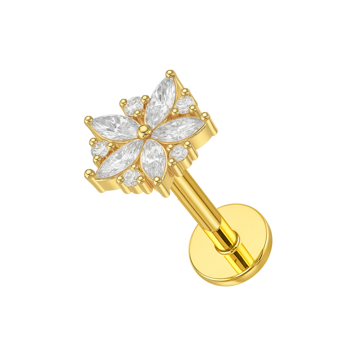 316L Surgical Steel Floral Flakes CZ Jewelled Internally Threaded Flatback Stud