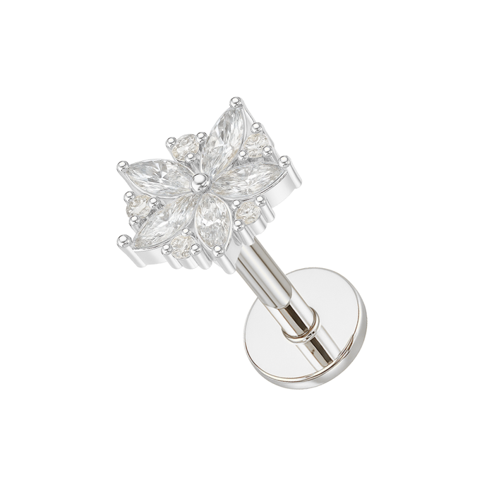 316L Surgical Steel Floral Flakes CZ Jewelled Internally Threaded Flatback Stud