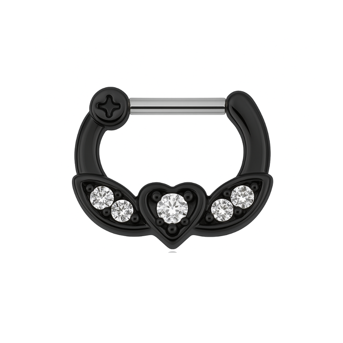 316L Surgical Steel PVD Micro Paved CZ Flying Heart Septum Clicker Ring