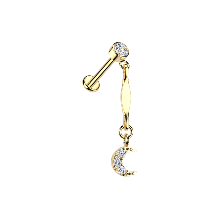 316L Surgical Steel CZ Crescent Moon Dangle Threadless Flatback Stud