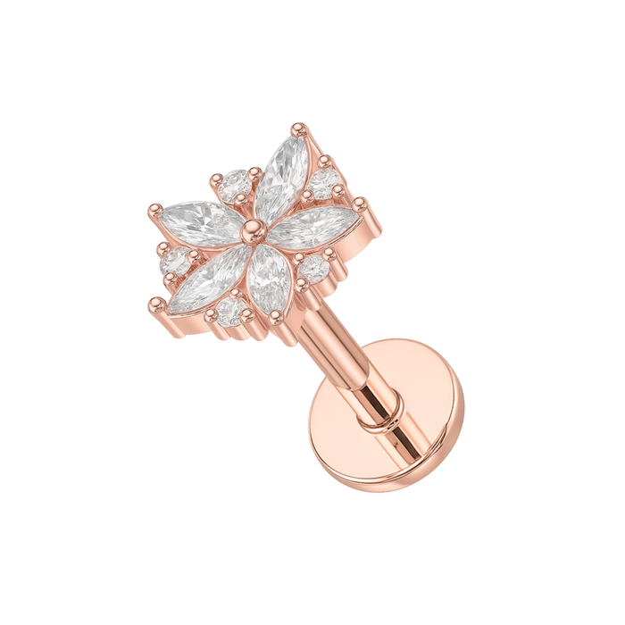 316L Surgical Steel Floral Flakes CZ Jewelled Internally Threaded Flatback Stud