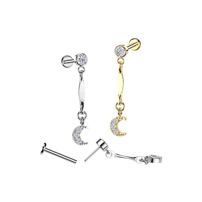 316L Surgical Steel CZ Crescent Moon Dangle Threadless Flatback Stud