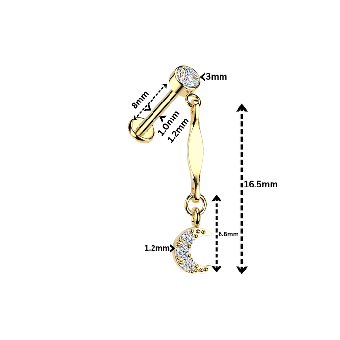 316L Surgical Steel CZ Crescent Moon Dangle Threadless Flatback Stud