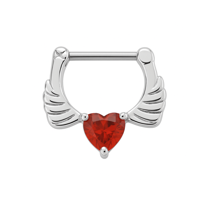 316L Surgical Steel Angel Wings with Red Heart CZ Septum Clicker