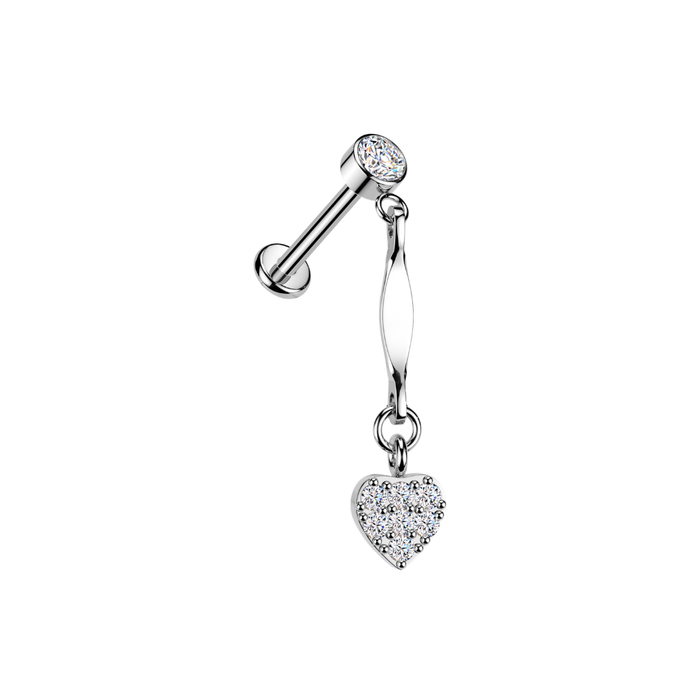 316L Surgical Steel CZ Heart Dangle Threadless Flatback Stud