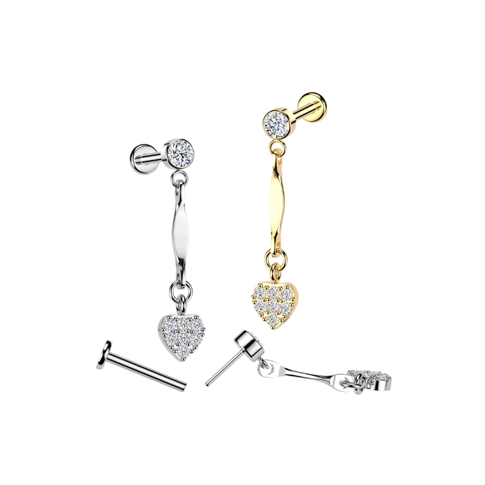 316L Surgical Steel CZ Heart Dangle Threadless Flatback Stud