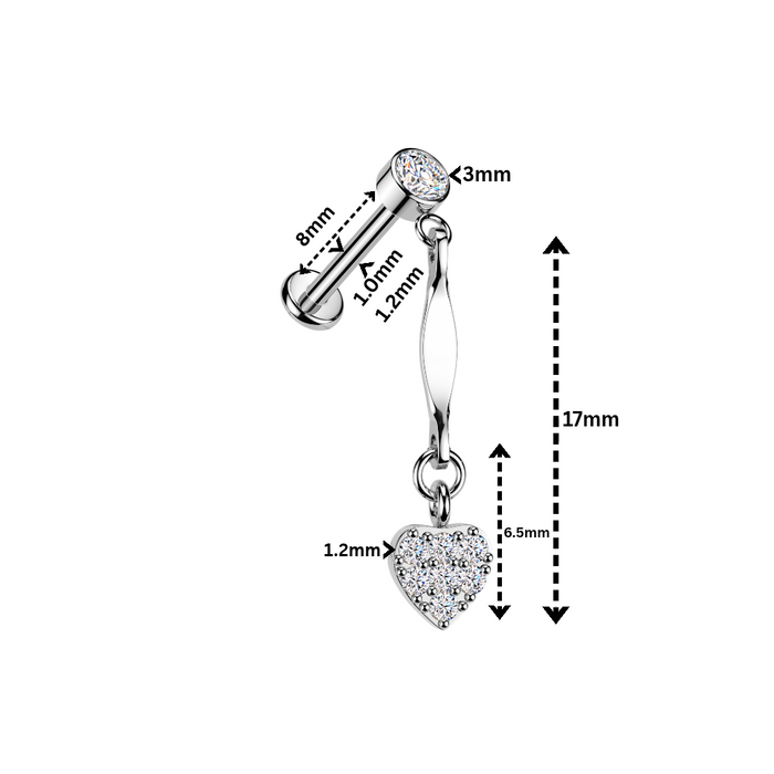 316L Surgical Steel CZ Heart Dangle Threadless Flatback Stud