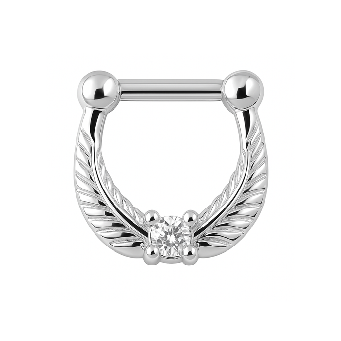 316L Surgical Steel Leaf with Clear Round CZ Stone Septum Clicker Ring