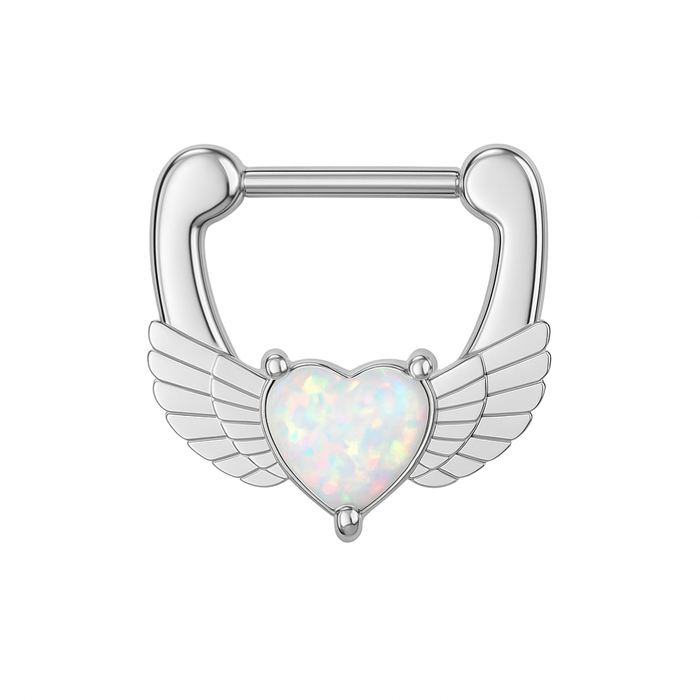 316L Surgical Steel Synthetic White Opal Heart Septum Clicker Ring