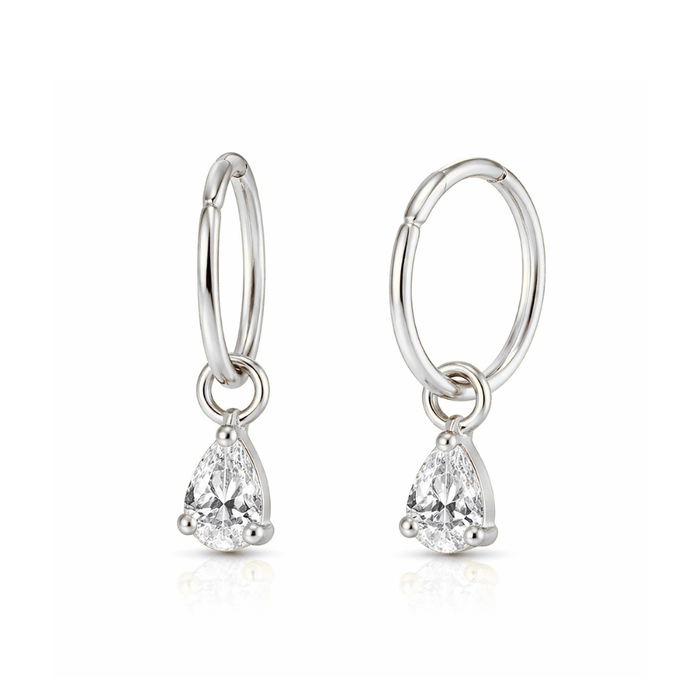 925 Sterling Silver Jewelled Pear Drop Hinged Clicker Earrings with clear teardrop gem, offering timeless elegance for fashion-forward accessories.