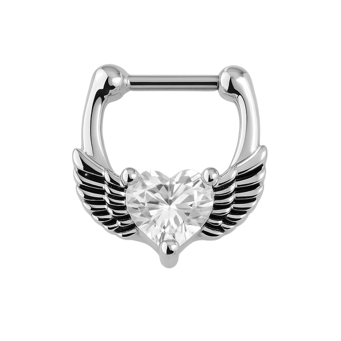 316L Surgical Steel Angel Wings with Heart CZ Septum Clicker