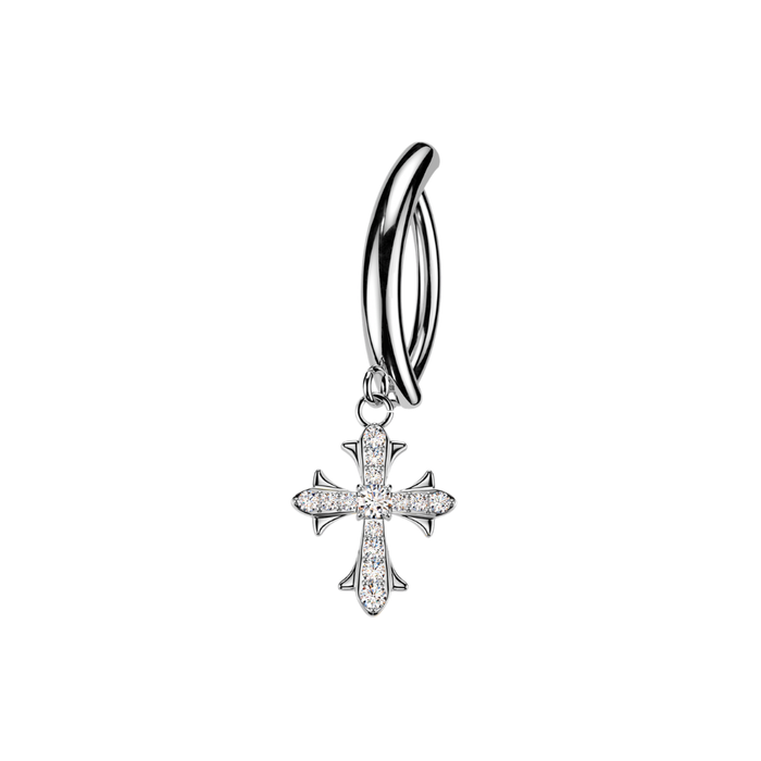 316L Surgical Steel CZ Cross Dangle Reverse Curved Belly Button Ring