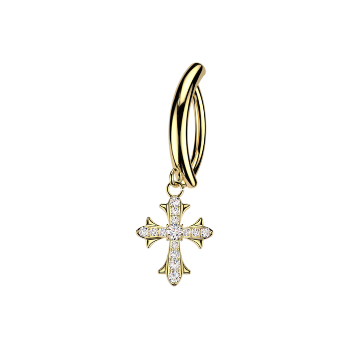 316L Surgical Steel CZ Cross Dangle Reverse Curved Belly Button Ring