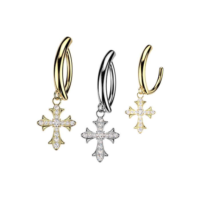 316L Surgical Steel CZ Cross Dangle Reverse Curved Belly Button Ring