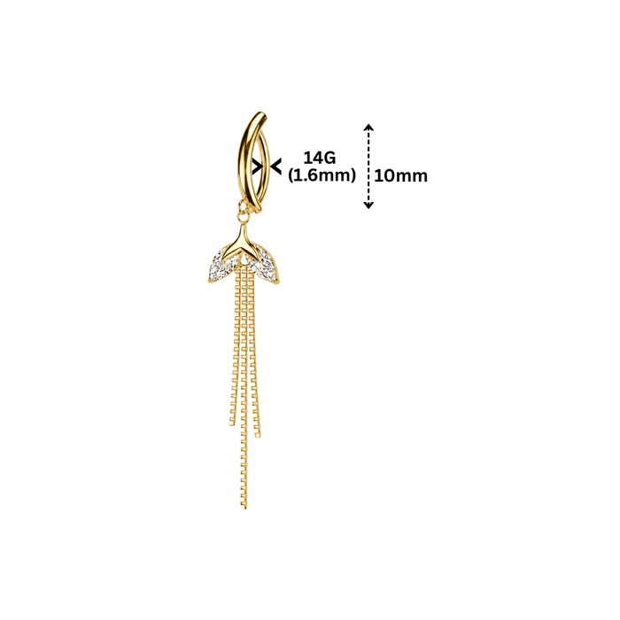 316L Surgical Steel CZ Leaf & Chain Dangle Reverse Curved Belly Button Ring