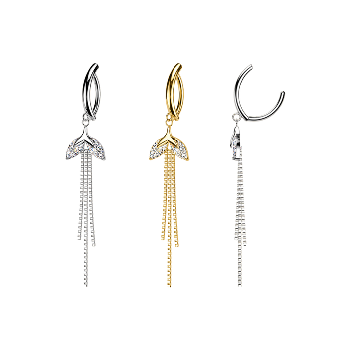 316L Surgical Steel CZ Leaf & Chain Dangle Reverse Curved Belly Button Ring