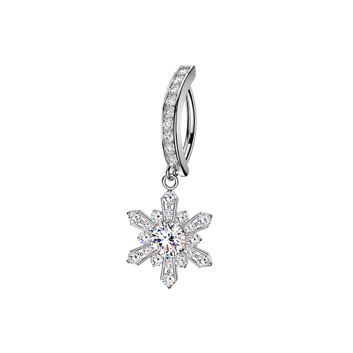 316L Surgical Steel CZ Snowflake Dangle Reverse Curved Belly Button Ring