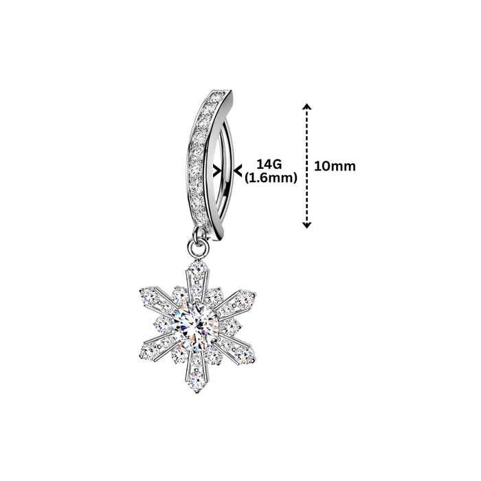 316L Surgical Steel CZ Snowflake Dangle Reverse Curved Belly Button Ring