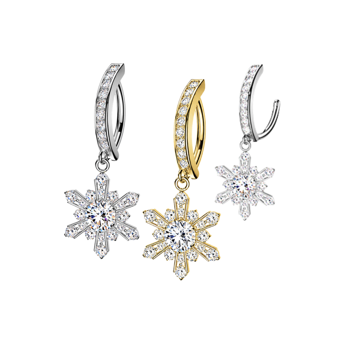 316L Surgical Steel CZ Snowflake Dangle Reverse Curved Belly Button Ring