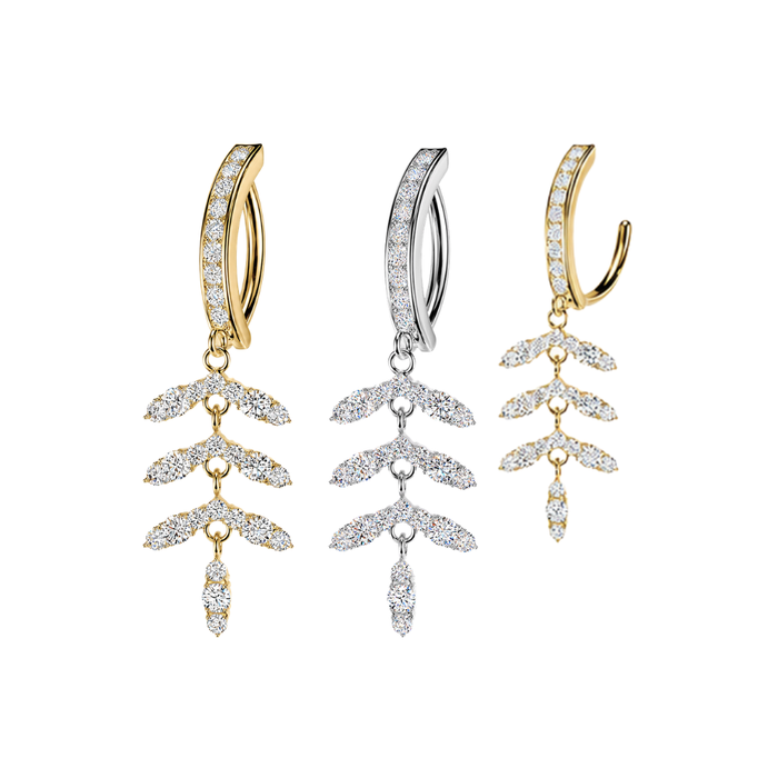 316L Surgical Steel CZ Leaf Cascade Dangle Reverse Curved Belly Button Ring