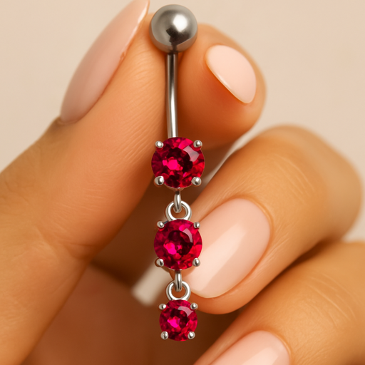 925 Sterling Silver Moving Jewelled Charms dangling SS Bar Navel Ring - Monster Piercing