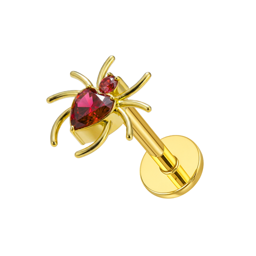 Gold spider labret with red heart CZ gemstone