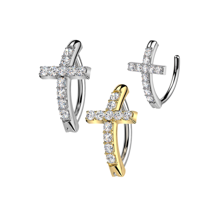 316L Surgical Steel CZ Cross Reverse Curved Belly Button Ring