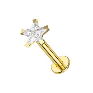14K Gold Internal Lip Labret with Star Cubic Zirconia Push Fit Top